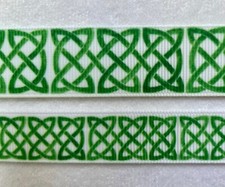Green Celtic knot design on white Grosgrain ribbon 5/8" 7/8" Irish St Patricks