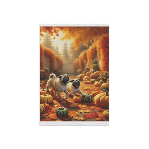 Autunm/Fall - Garden & House Banner - Pugs Playing ni the Fall Garden - Picture 8 of 9