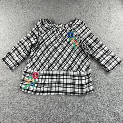 NEW Rafaella Top Womens XL Black White Plaid Weekend Blouse Floral Embroidered