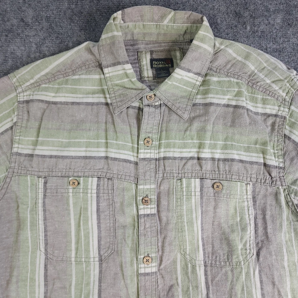 Camisa Royal Robbins Grande Cáñamo Algodón Orgánico Manga Corta Abotonada Verde Gris Foto 3 de 4