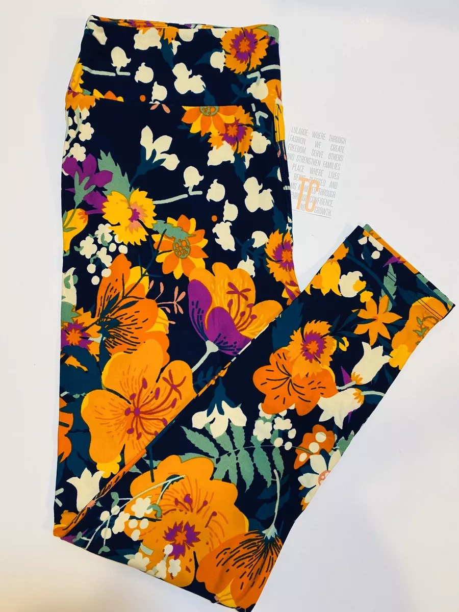 Lularoe Floral Hibiscus TC Leggings Navy Orange Yellow Purple