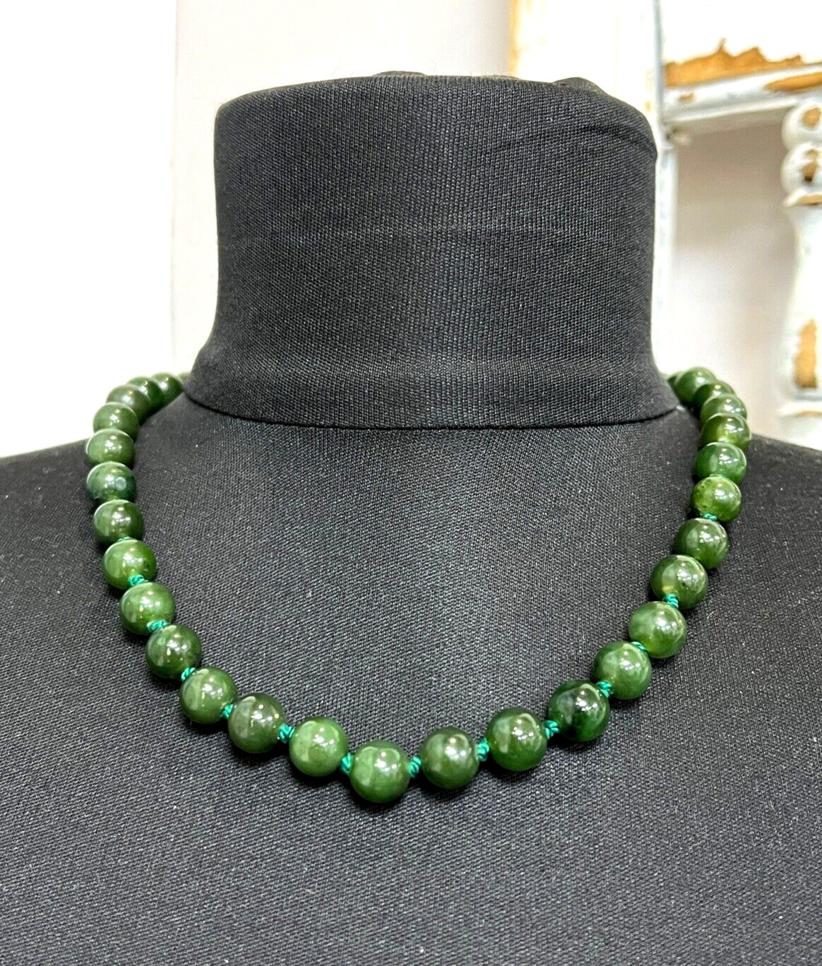 1930s Art Deco Spinach Green Nephrite Jade Bead Beade… Gem