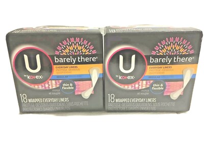 U By Kotex Pantiliner, Barely There Everyday Liners. 18 Ct Box. Lot Of Two.
