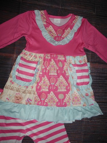 NEW Boutique Gingerbread House Girls Tunic Ruffle Leggings Christmas Outfit Set - Picture 2 of 4