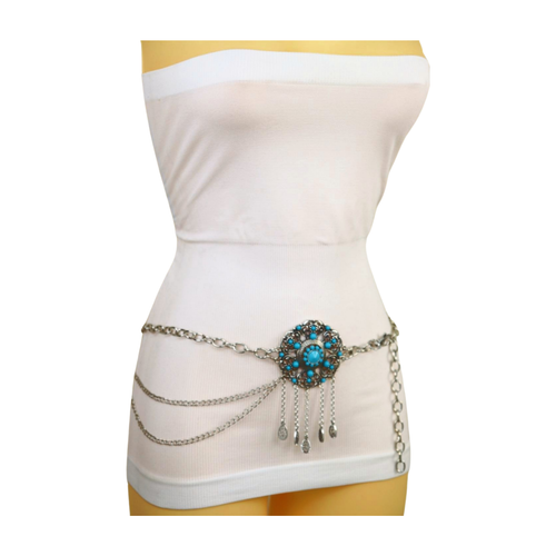 Women Silver Metal Chain Skinny Belt Turquoise Blue Ethnic Flower Charm XS S M - Picture 19 of 24