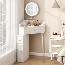 Corner Vanity Desk with Retractable and Rotating Mirror and Lights Small Modern