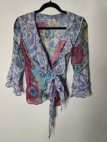 CORONETS & QUEENS Silk Blouse Shirt Top Size S Small Boho Ruffle Tie Festival - Picture 4 of 15