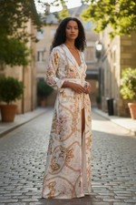 White Gold Chain Floral Print Long Kimono Duster Robe Boho Resort