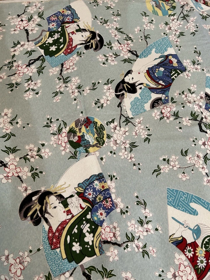 Geisha elástica asiática flores de cerezo monte. TELA tejida de algodón verde pálido Fuji Foto 2 de 4
