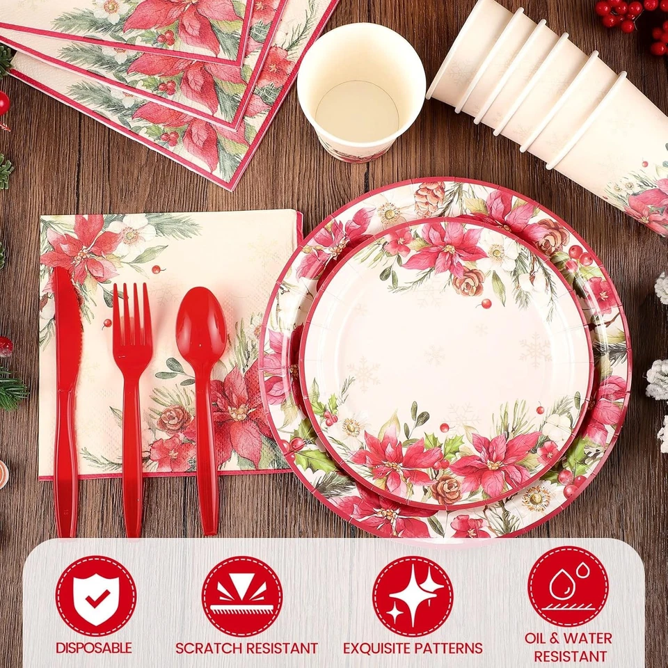 175 peças pratos e guardanapos de papel de Natal, 25 convidados poinsétia vermelho - Imagem 3 de 4