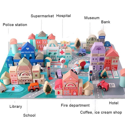 Wooden Building Blocks Set, City Construction Stacker Stacking Preschool Lear... - Picture 2 of 9