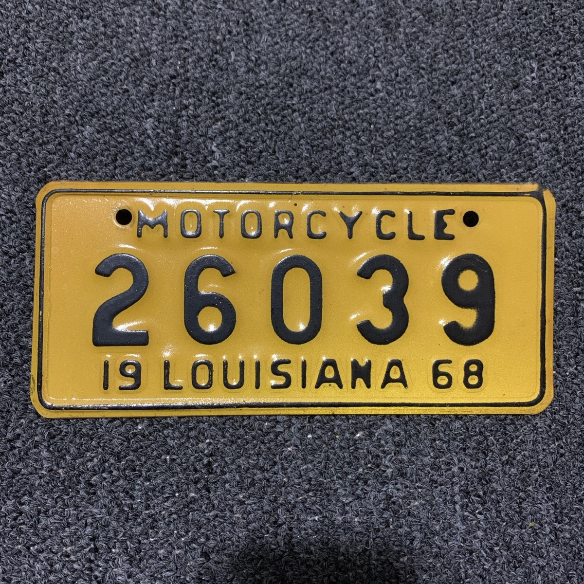 1968 Louisiana Motorcycle License Plate Yellow Black 26039 | eBay