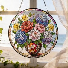 Stained Glass Flower Suncatcher, Round Floral Window Hanging, Hydrangea  Peony