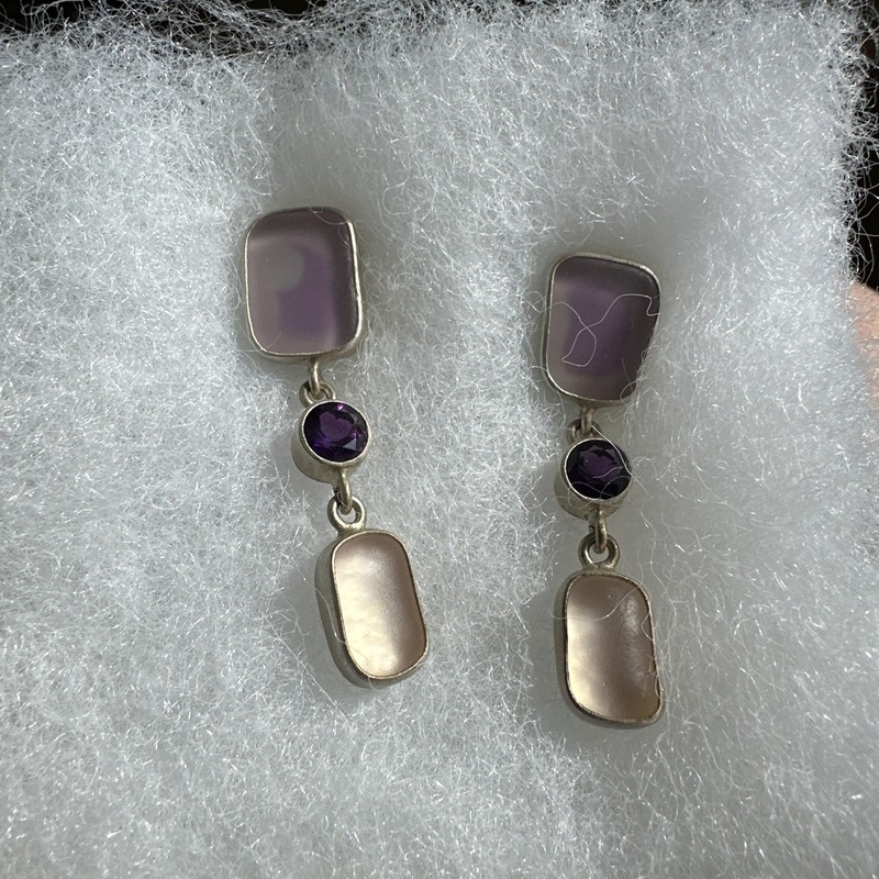 Sonja Grondstra designs, Beach glass , Amethyst, sterling, handmade.. earrings  