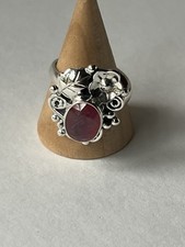 Red Coral Floral Ring 925 Sterling Silver, Adjustable Size