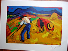 LITHOGRAPHIE -LES FAUCHEURS -BOIS GRAVÉ GAUFRÉ DE PIERRE AMBROGIANI- 62X45CM