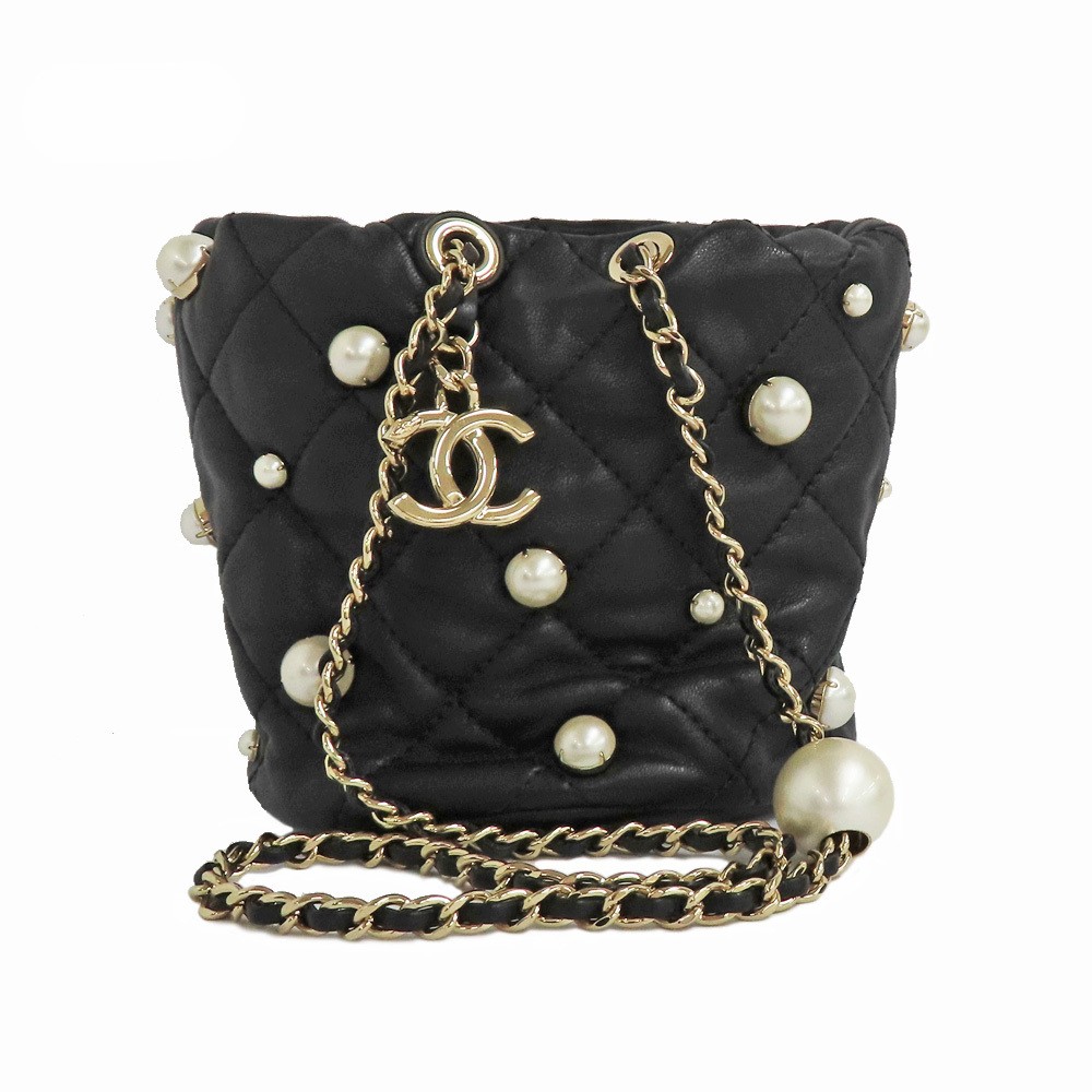 CHANEL 31st Gen Black Lambskin Chain Pouch with Fake Pearls Gold Hardware