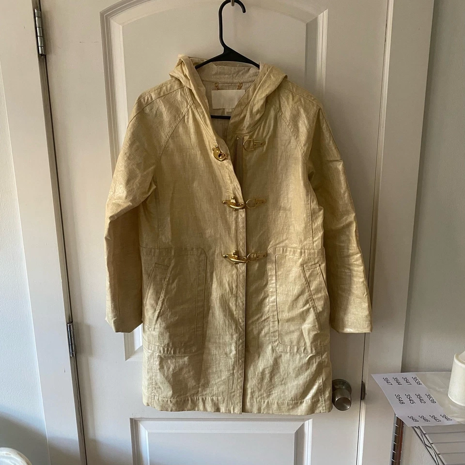J.Crew Collection Women Metallic Gold Linen Slicker Rain Coat Jacket Hooded Sz 0 - Image 2 of 4