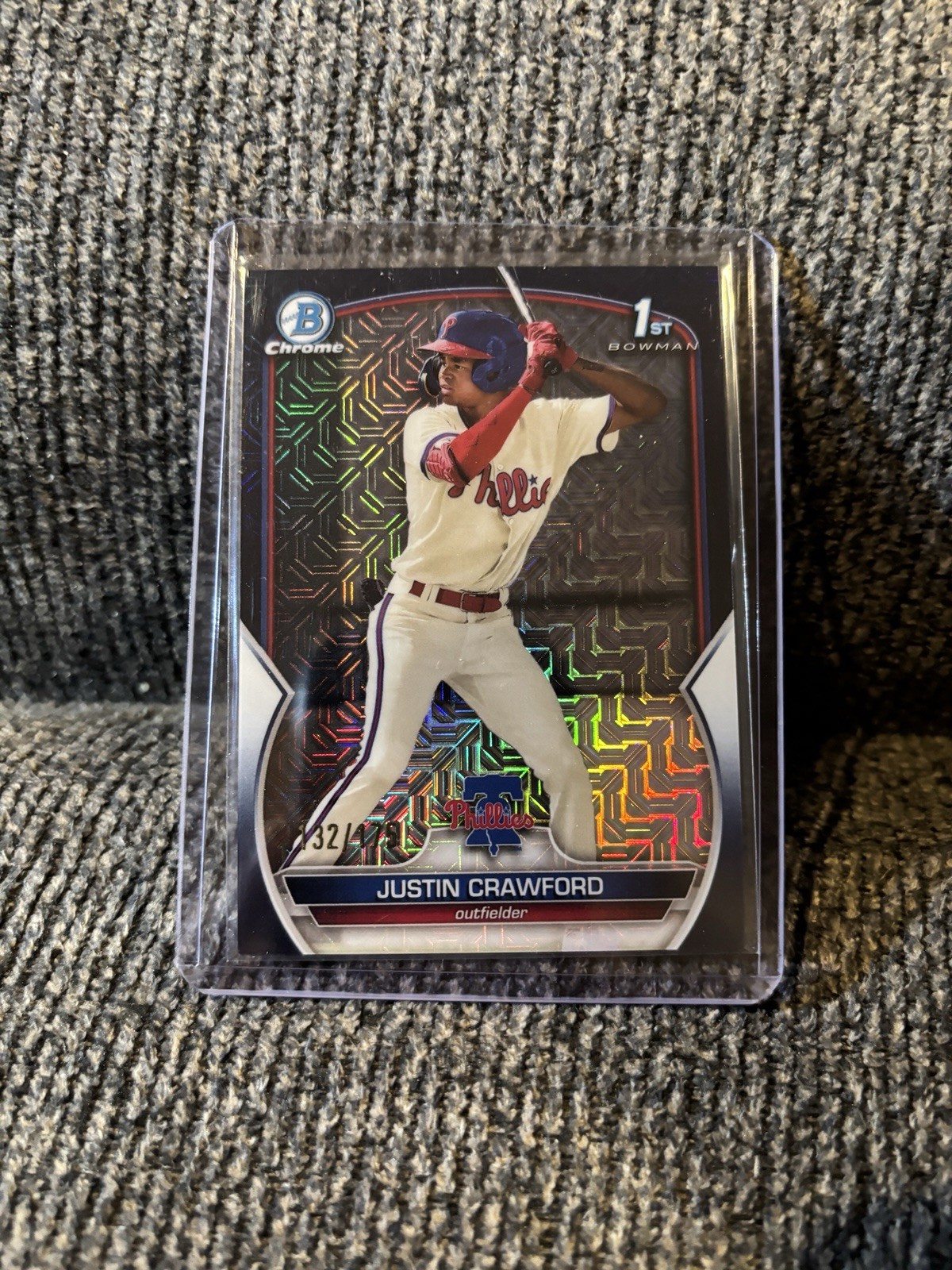 Justin Crawford 2023 Bowman Chrome 1st Bowman RC Navy Blue Mojo Refractor #/175