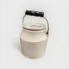 VINTAGE Salt Glazed Crock W/lid And Bail 6 Inches Tall 5 3/4 Inch Diameter