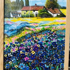 Farmhouse Acrylic Painting Framed Artwork - Blue Flower Field and Cottage