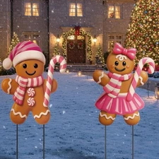 Chunful 2 Pack Pink Gingerbread Man Yard Decorations 3D Christmas Metal Brown 