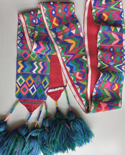 Vintage Maya Cinta hair ribbon from Aguacatan Guatemala Tassels blue green red
