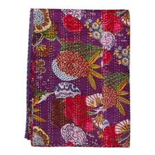Indian Handmade Floral Fruit Cotton Kantha Quilt Throw Blanket Vintage Throw