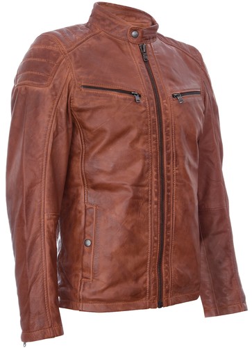 Mens Tan Leather Jacket Vintage Quilted Retro Racing Zipped Biker - Picture 2 of 5