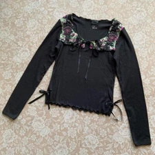 Anna Sui Black Chiffon Cute Stretch Cut Tee M Ribbon Floral From Japan