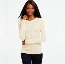 Talbots Cable Knit Crewneck Sweater Ivory Wrist Buttons Size Large