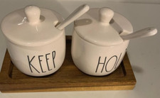 Rae Dunn Kitchen 'HOLD  KEEP" Jars with Lids, Spoons and Wood Tray