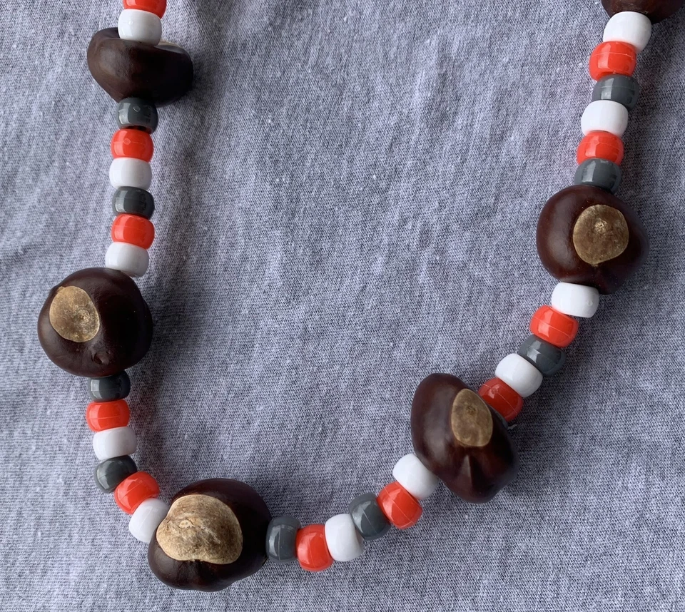 Real Buckeye Necklace w/ Scarlet Gray Beads 30" Fits for Ohio State Football Fan - Image 3 of 4