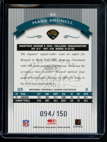 2002 Donruss Classics Timeless Tributes #65 Mark Brunell 150/150 FREE Shipping - Picture 2 of 2