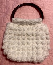 Vintage Crochet Bobble PurseBag D-plastic Handles Boho Hippie