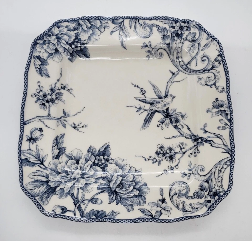 222 FIFTH ADELAIDE BLUE SQUARE 8.5" SALAD PLATE Set of 4 NEW FLOWER BIRD DESIGN - Image 3 of 4