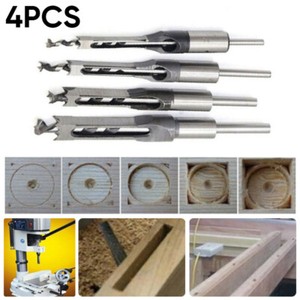 4pc Hollow Square Hole Saw Mortiser Chisel Auger Drill Bit Tool Woodworking HSS