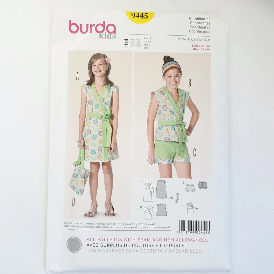 90s Burda Pattern 9445 Girls Dress Shirt Faux Wrap Cap Sleeve V Neck Shorts - Image 2 of 3