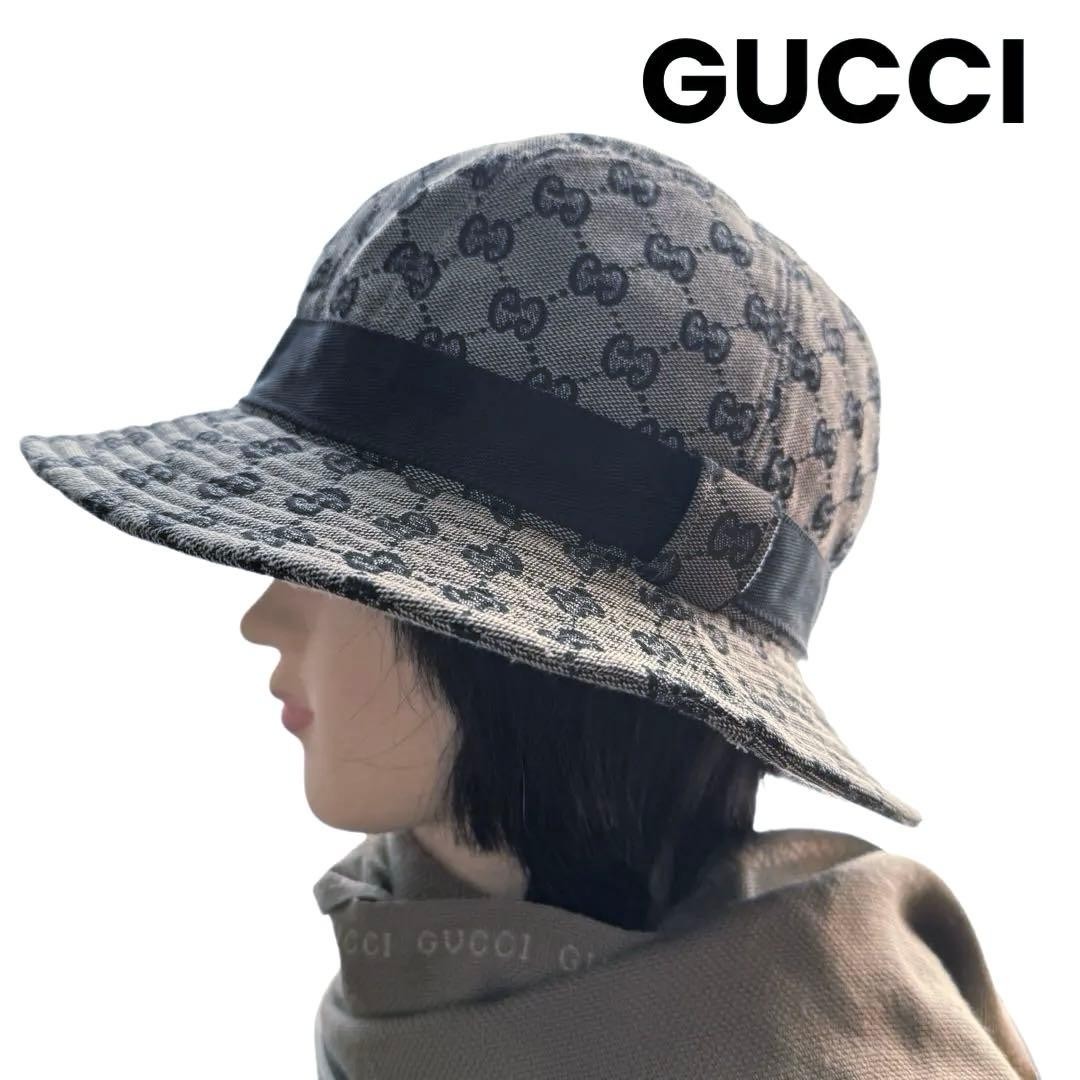 Gucci Fedora Bucket Hat GG Canvas Black Gray Women Authentic thumbnail 10