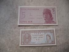 1964 BANK INDONESIA 5 Lima Sen Note   PLUS 1994 HONG KONG ONE CENT BANKNOTE 