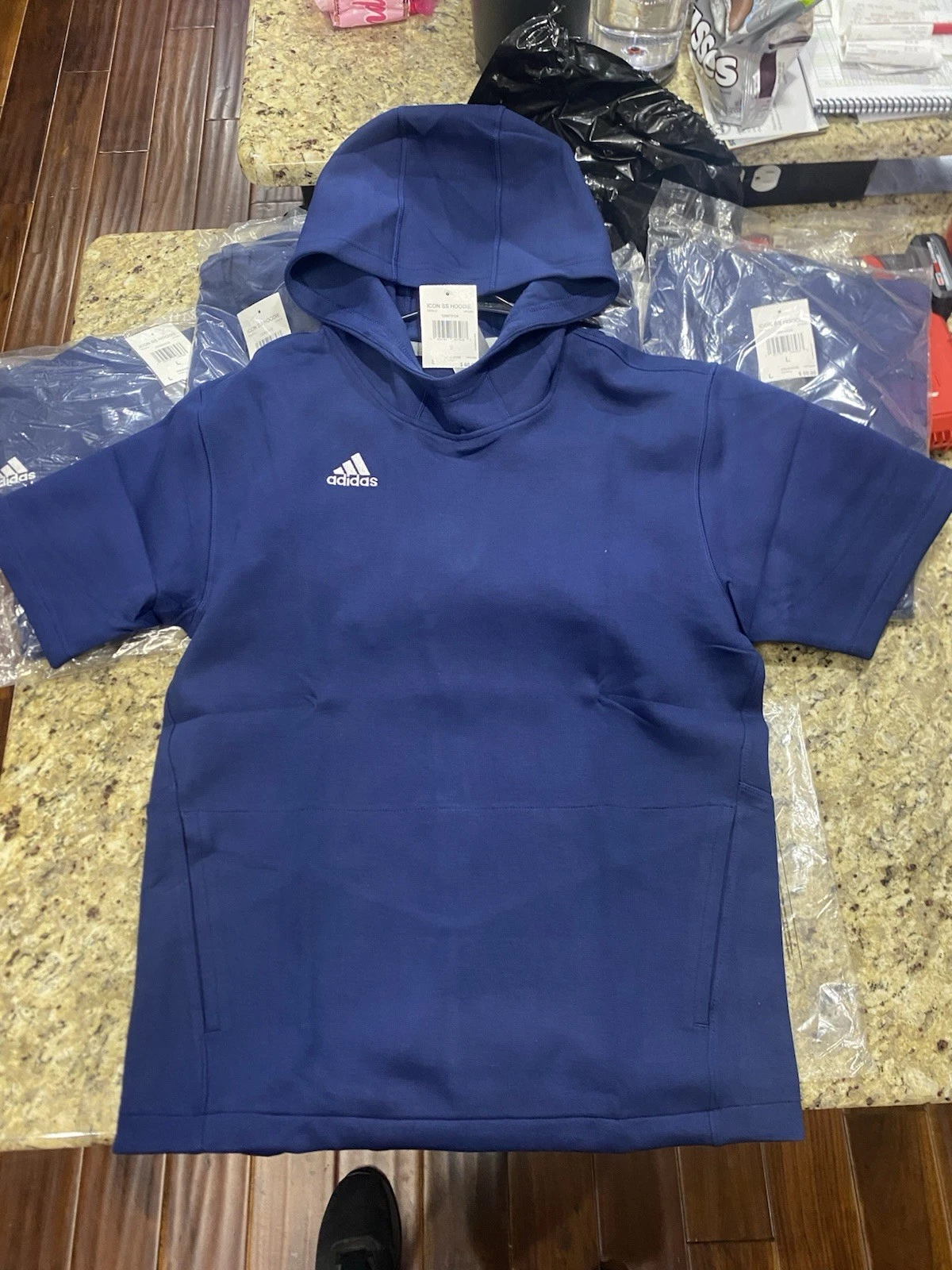adidas Icon ss Short Sleeve Pullover Hoodie Navy Blue Men size large
