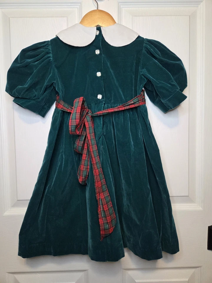 Vtg Oshkosh Collection Girls Christmas Dress Green Velvet Plaid Detail - Image 2 of 4