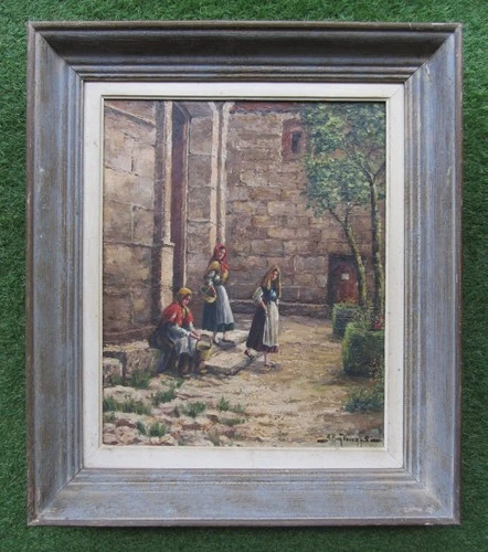 Very nice Spanish painting circa 1940 signed Mass exit in Siguenza Spain