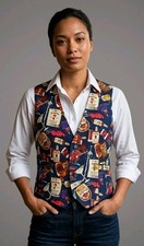Vtg Nicole Miller Silk Vest Novelty Rum Print 90's Button Limited Edition Large