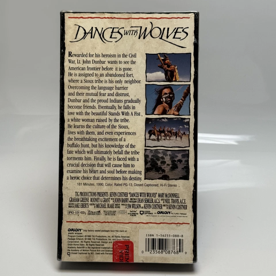 Vintage Dances With Wolves VHS Sealed 1990 Kevin Costner Western Movie Orion - Image 2 of 4