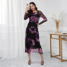 Womens Elegant Floral Mesh Sheer Midi Dress Gown Cocktail Evening Formal Party