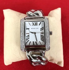 Michael Kors MK7438 Emery Rectangular Silver Tone 40 mm Womens Watch NWOT RP$250