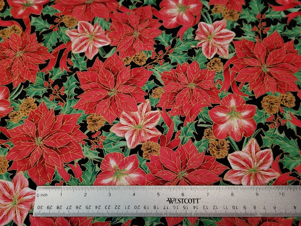 Joy To The World BTY Lisa Conlin Quilting Treasures Poinsettia Holly Black - Image 2 of 3