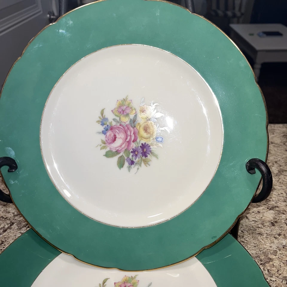 Plato de Cena Marfil Real KPM 10.50" Centro Blanco Floral Verde Banda Borde Dorado De Colección Foto 3 de 4