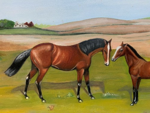 Pintura al óleo de caballo ecuestre estilo arte popular primitivo Paul R. Pitt (1951-2012) - Imagen 9 de 12
